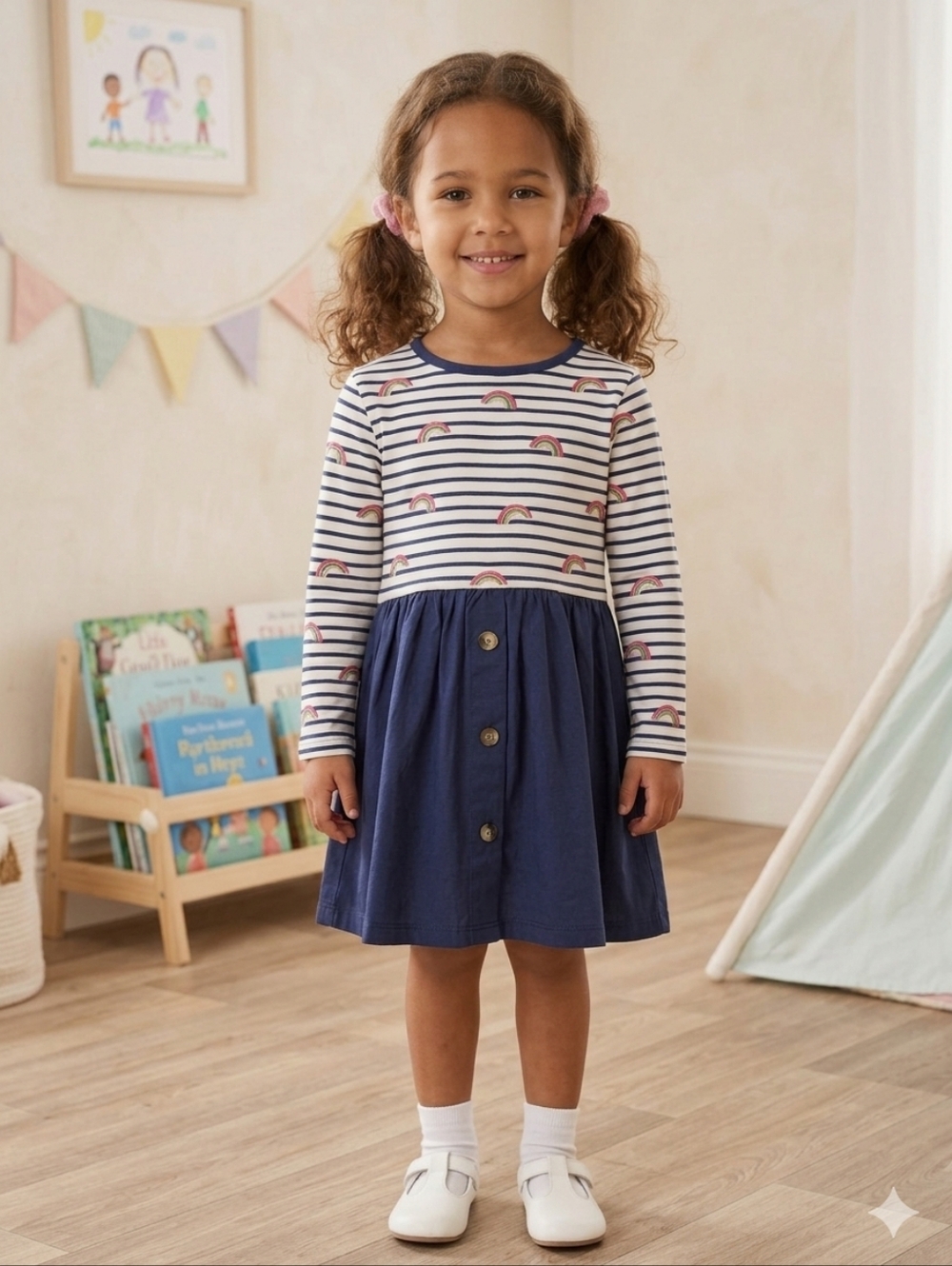 Mini Boden Girls Rainbow Striped Mixed Media Dress